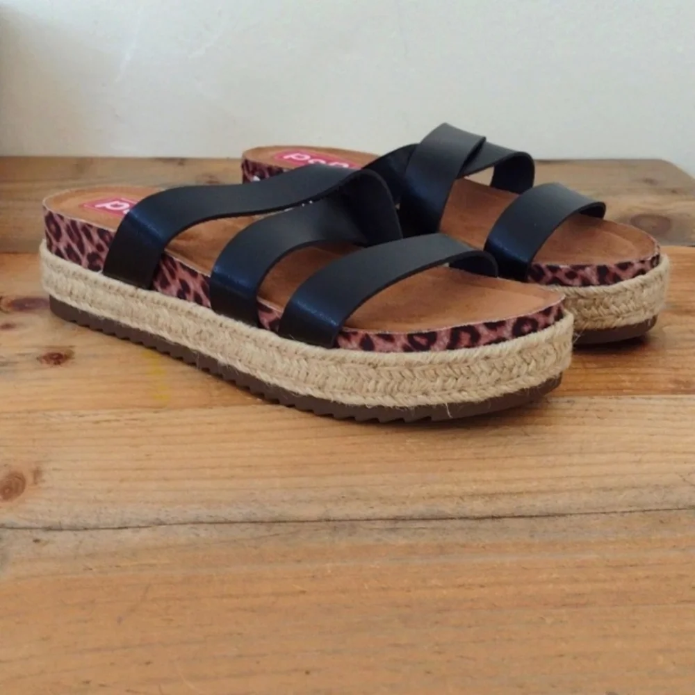 POP Fanatic Black Platform Espadrille Flat Open Toe Sandals NWT Size 9.5